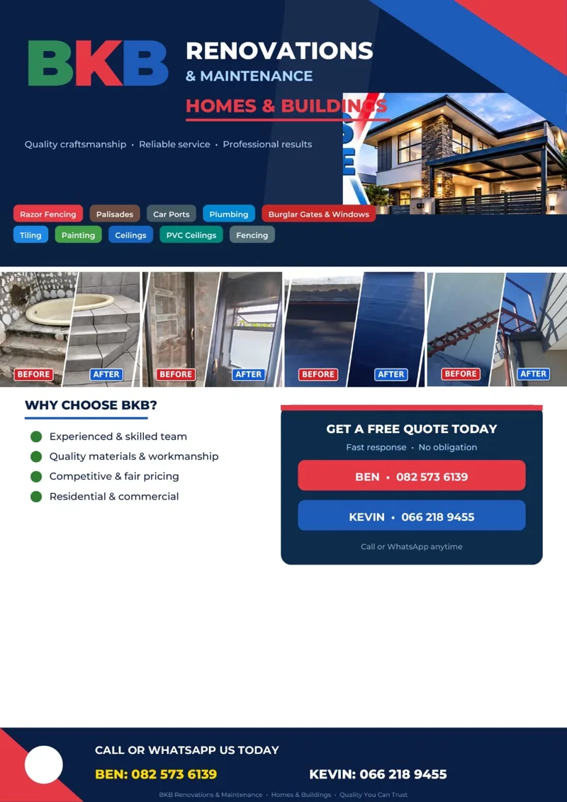 BKB Renovations flyer with services, before and after photos and contact numbers